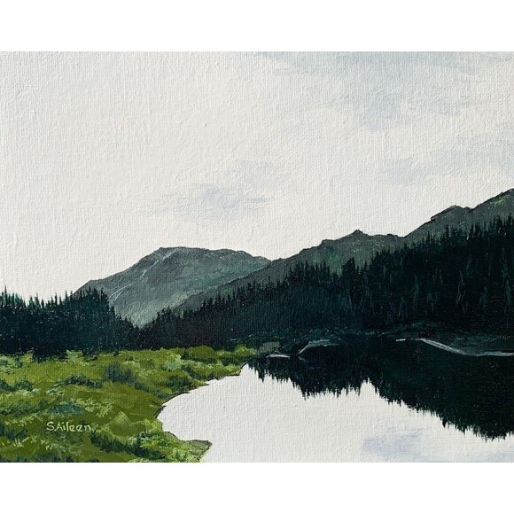 Orig. 8x10 Oil Landscape Painting Lake with Pines, Reflections, Meadow Signed - Picture 1 of 6